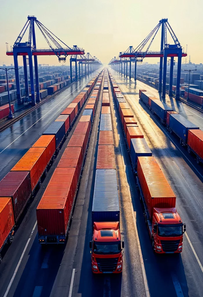 contenedores y camiones en un puerto ocupado Envos se destaca como tu socio estratégico en logística, combinando nuestra capacidad de compra con un servicio excepcionalmente dedicado. Transformamos desafíos logísticos en oportunidades de crecimiento, garantizando eficiencia y competitividad para tu negocio.